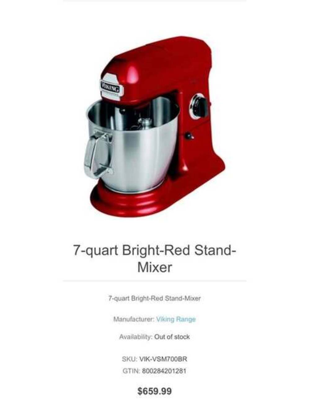 Viking Professional 7-Qt Stand Mixer VSM700BR Bright Red – 1000W – New in Box